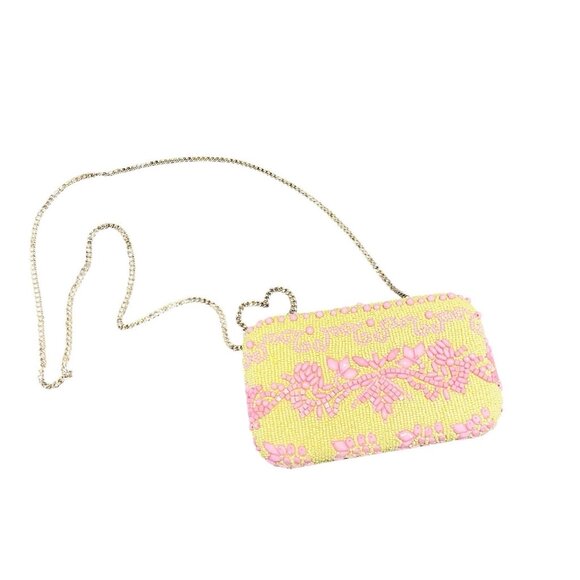 Lulus Sparkling Yellow Pink Beaded Clutch Evening Shoulder Bag Gold Chain Hard - Picture 1 of 8